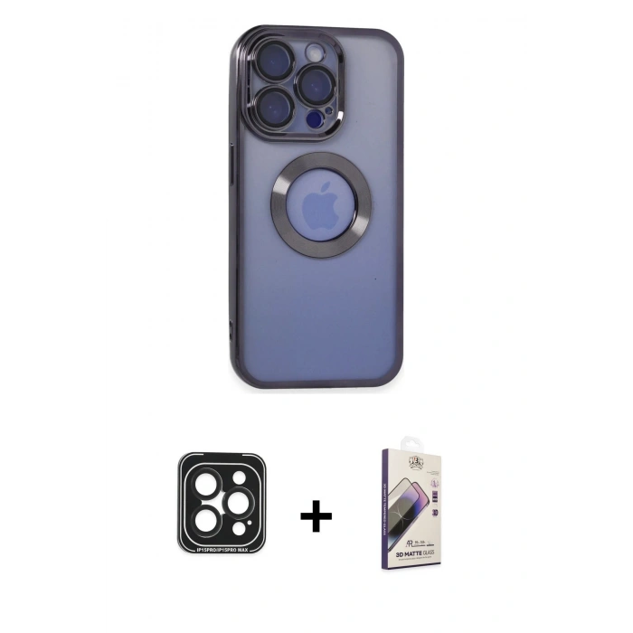 MARSİLYAN™- iPhone 15 Pro Max Kılıf Pusula Form - Siyah Bilvis 3D Mat Cam Ekran Koruyucu + PVD Metal Kamera Lens - SH