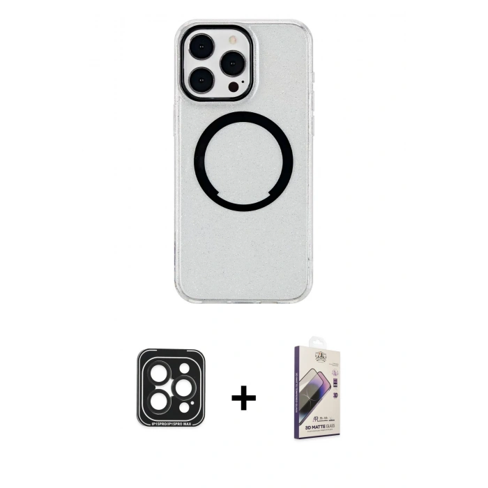 MARSİLYAN™- iPhone 15 Pro Max Kılıf Pusula Form - Siyah Bilvis 3D Mat Cam Ekran Koruyucu + PVD Metal Kamera Lens - SH