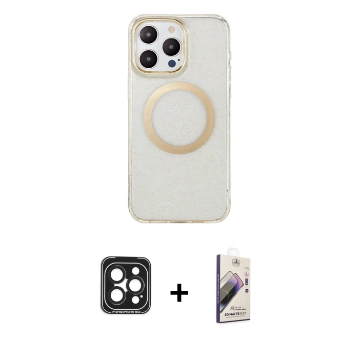MARSİLYAN™- iPhone 15 Pro Max Kılıf Pusula Form - Siyah Bilvis 3D Mat Cam Ekran Koruyucu + PVD Metal Kamera Lens - SH
