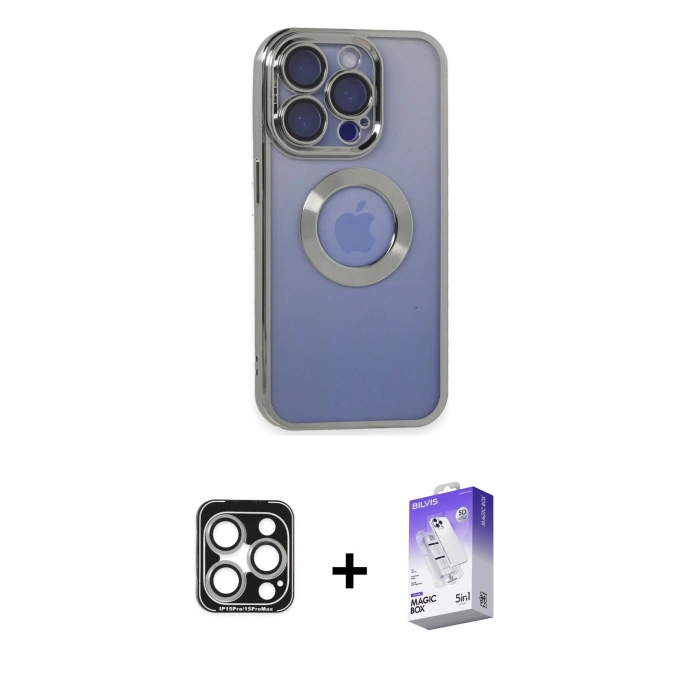 MARSİLYAN™- iPhone 15 Pro Max Kılıf Pusula Form - Siyah Bilvis 5in1 3D Magic Cam Ekran Koruyucu + Gümüş PVD Metal Kamera Lens