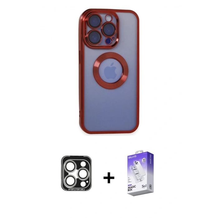 MARSİLYAN™- iPhone 15 Pro Max Kılıf Pusula Form - Siyah Bilvis 5in1 3D Magic Cam Ekran Koruyucu + Gümüş PVD Metal Kamera Lens