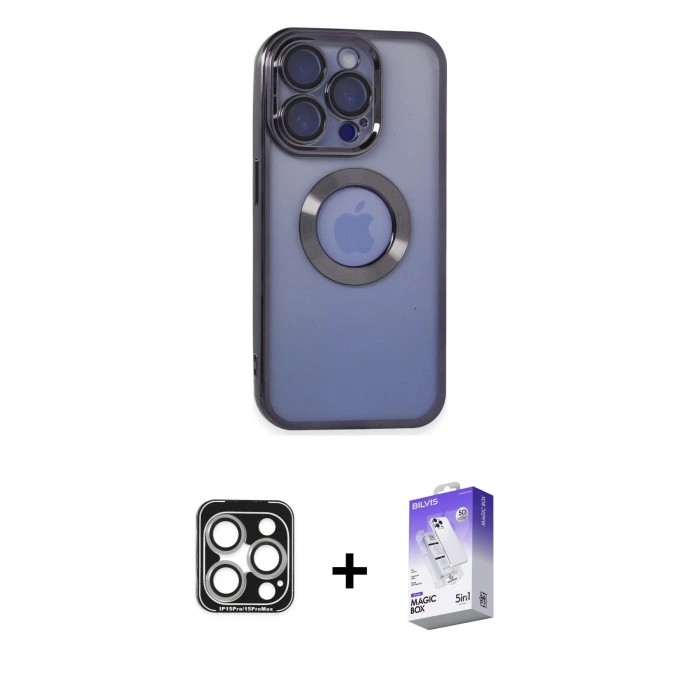 MARSİLYAN™- iPhone 15 Pro Max Kılıf Pusula Form - Siyah Bilvis 5in1 3D Magic Cam Ekran Koruyucu + Gümüş PVD Metal Kamera Lens