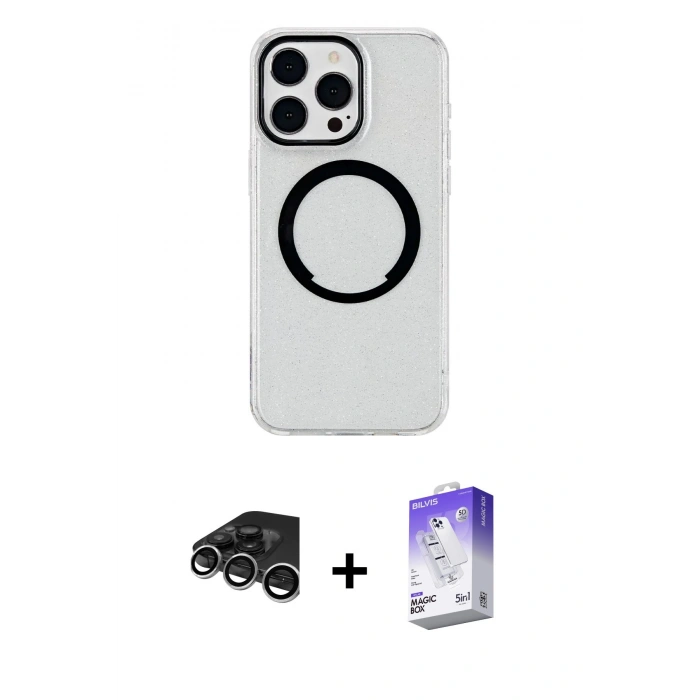 MARSİLYAN™- iPhone 15 Pro Max Kılıf Pusula Form - Siyah Bilvis 5in1 3D Magic Cam Ekran Koruyucu + Raze Metal Kamera Lens - GS