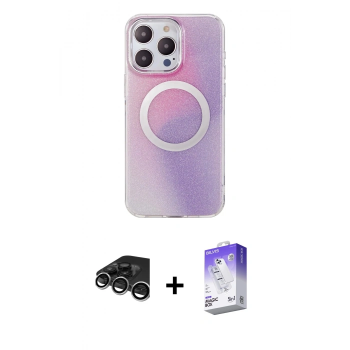 MARSİLYAN™- iPhone 15 Pro Max Kılıf Pusula Form - Siyah Bilvis 5in1 3D Magic Cam Ekran Koruyucu + Raze Metal Kamera Lens - GS
