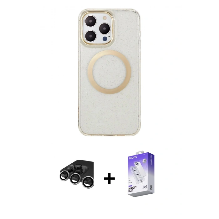 MARSİLYAN™- iPhone 15 Pro Max Kılıf Pusula Form - Siyah Bilvis 5in1 3D Magic Cam Ekran Koruyucu + Raze Metal Kamera Lens - GS