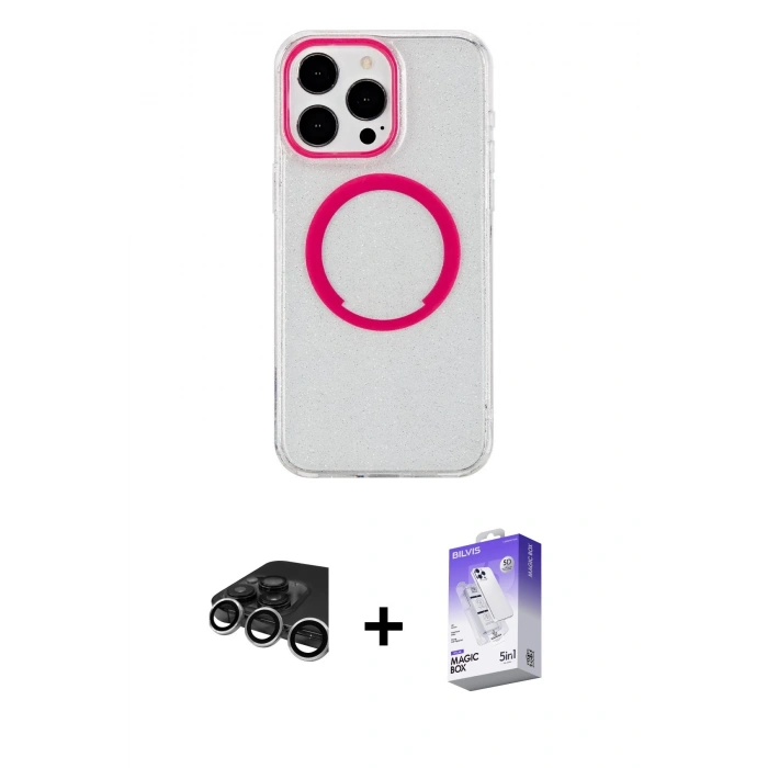 MARSİLYAN™- iPhone 15 Pro Max Kılıf Pusula Form - Siyah Bilvis 5in1 3D Magic Cam Ekran Koruyucu + Raze Metal Kamera Lens - GS