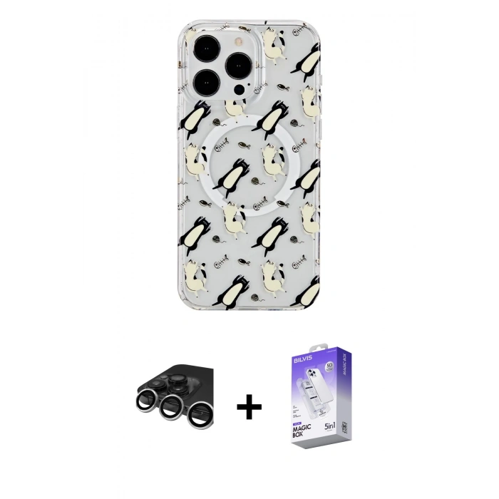 MARSİLYAN™- iPhone 15 Pro Max Kılıf Pusula Form - Siyah Bilvis 5in1 3D Magic Cam Ekran Koruyucu + Raze Metal Kamera Lens - GS