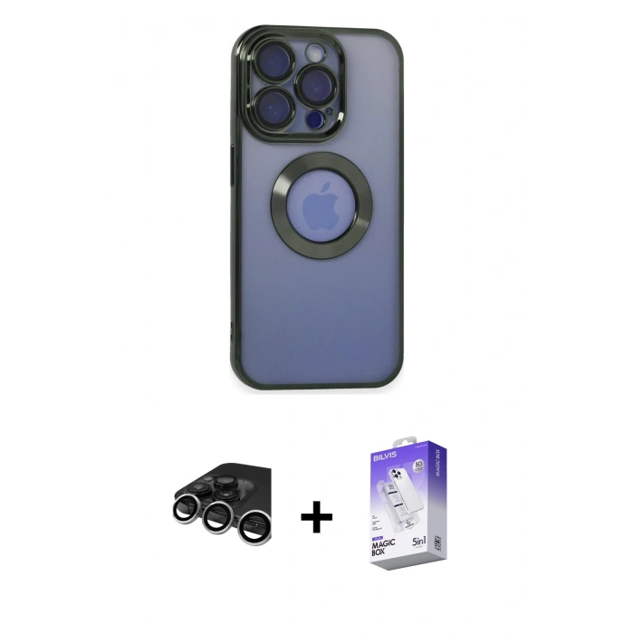 MARSİLYAN™- iPhone 15 Pro Max Kılıf Pusula Form - Siyah Bilvis 5in1 3D Magic Cam Ekran Koruyucu + Gümüş Raze Metal Kamera Lens