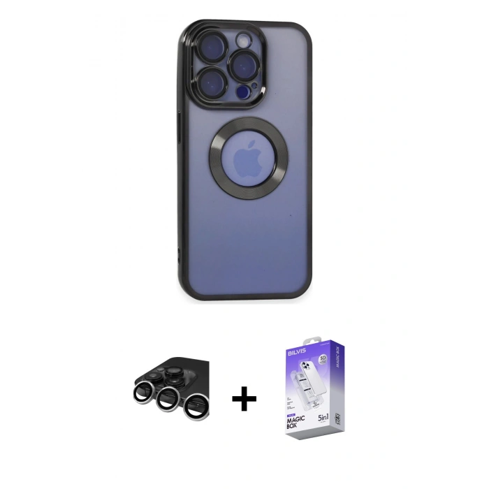 MARSİLYAN™- iPhone 15 Pro Max Kılıf Pusula Form - Siyah Bilvis 5in1 3D Magic Cam Ekran Koruyucu + Gümüş Raze Metal Kamera Lens