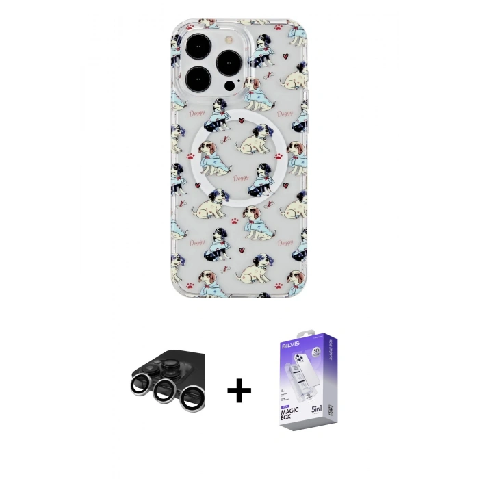 MARSİLYAN™- iPhone 15 Pro Max Kılıf Pusula Form - Siyah Bilvis 5in1 3D Magic Cam Ekran Koruyucu + Raze Metal Kamera Lens - GS