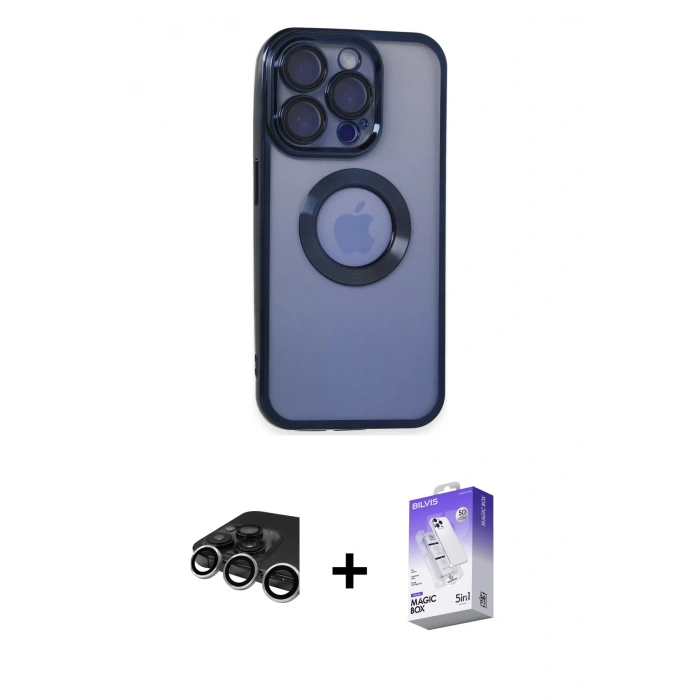MARSİLYAN™- iPhone 15 Pro Max Kılıf Pusula Form - Siyah Bilvis 5in1 3D Magic Cam Ekran Koruyucu + Gümüş Raze Metal Kamera Lens