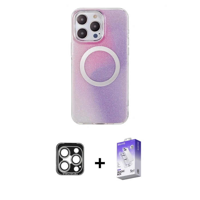 MARSİLYAN™- iPhone 15 Pro Max Kılıf Pusula Form - Siyah Bilvis 5in1 3D Magic Cam Ekran Koruyucu + PVD Metal Kamera Lens - GS