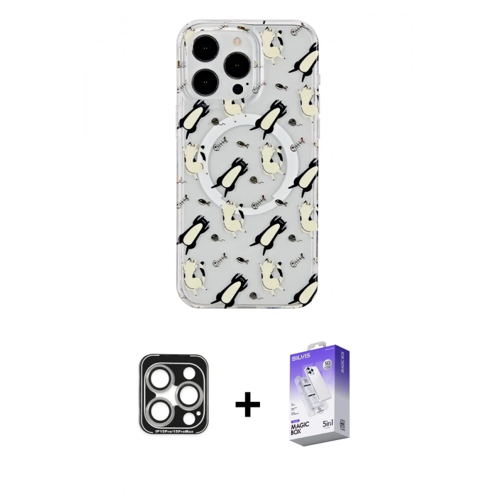 MARSİLYAN™- iPhone 15 Pro Max Kılıf Pusula Form - Siyah Bilvis 5in1 3D Magic Cam Ekran Koruyucu + PVD Metal Kamera Lens - GS
