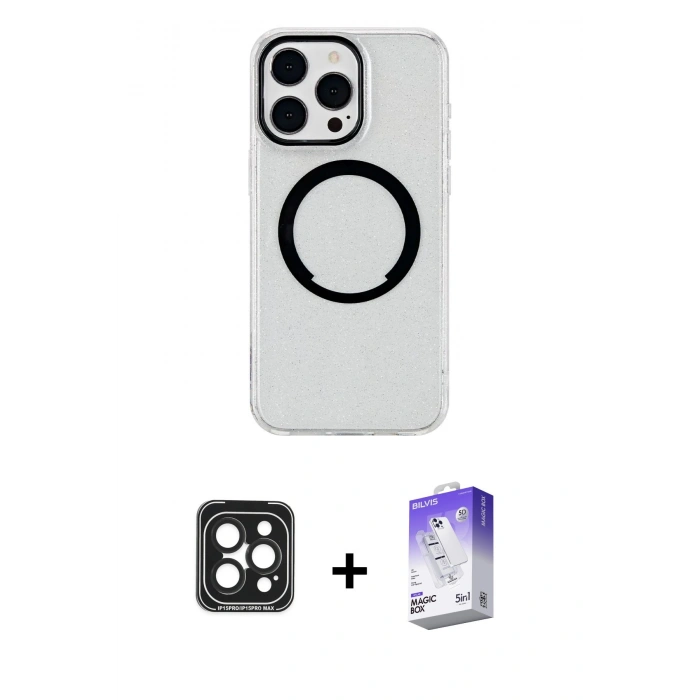 MARSİLYAN™- iPhone 15 Pro Max Kılıf Pusula Form - Siyah Bilvis 5in1 3D Magic Cam Ekran Koruyucu + PVD Metal Kamera Lens - SH