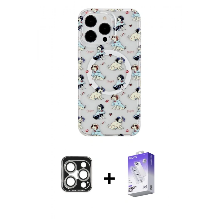 MARSİLYAN™- iPhone 15 Pro Max Kılıf Pusula Form - Siyah Bilvis 5in1 3D Magic Cam Ekran Koruyucu + PVD Metal Kamera Lens - GS