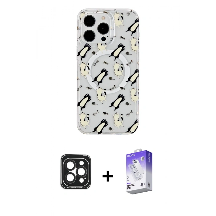 MARSİLYAN™- iPhone 15 Pro Max Kılıf Pusula Form - Siyah Bilvis 5in1 3D Magic Cam Ekran Koruyucu + PVD Metal Kamera Lens - SH