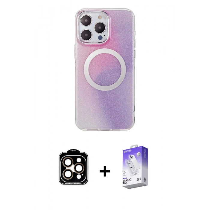 MARSİLYAN™- iPhone 15 Pro Max Kılıf Pusula Form - Siyah Bilvis 5in1 3D Magic Cam Ekran Koruyucu + PVD Metal Kamera Lens - TU