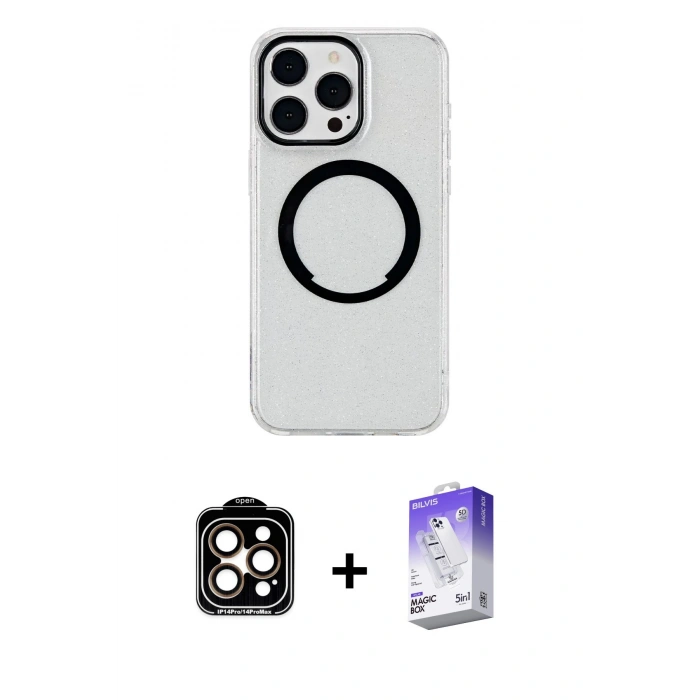 MARSİLYAN™- iPhone 15 Pro Max Kılıf Pusula Form - Siyah Bilvis 5in1 3D Magic Cam Ekran Koruyucu + PVD Metal Kamera Lens - TU
