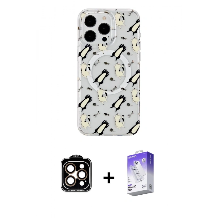 MARSİLYAN™- iPhone 15 Pro Max Kılıf Pusula Form - Siyah Bilvis 5in1 3D Magic Cam Ekran Koruyucu + PVD Metal Kamera Lens - TU