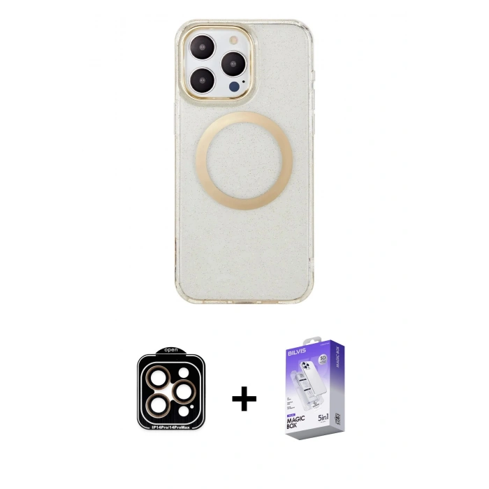 MARSİLYAN™- iPhone 15 Pro Max Kılıf Pusula Form - Siyah Bilvis 5in1 3D Magic Cam Ekran Koruyucu + PVD Metal Kamera Lens - TU
