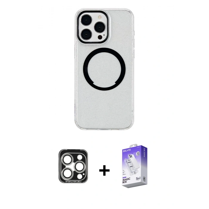 MARSİLYAN™- iPhone 15 Pro Max Kılıf Pusula Form - Siyah Bilvis 5in1 3D Magic Cam Ekran Koruyucu + PVD Metal Kamera Lens - GS