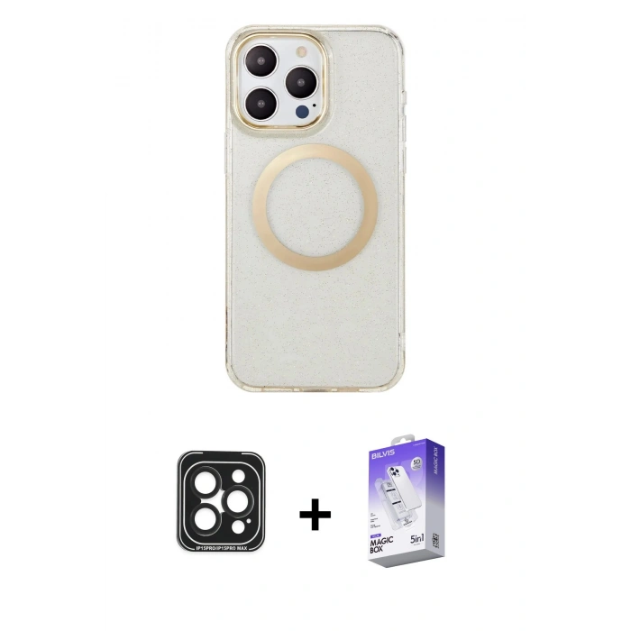 MARSİLYAN™- iPhone 15 Pro Max Kılıf Pusula Form - Siyah Bilvis 5in1 3D Magic Cam Ekran Koruyucu + PVD Metal Kamera Lens - SH