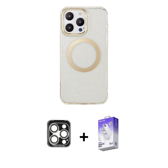 MARSİLYAN™- iPhone 15 Pro Max Kılıf Pusula Form - Siyah Bilvis 5in1 3D Magic Cam Ekran Koruyucu + PVD Metal Kamera Lens - GS