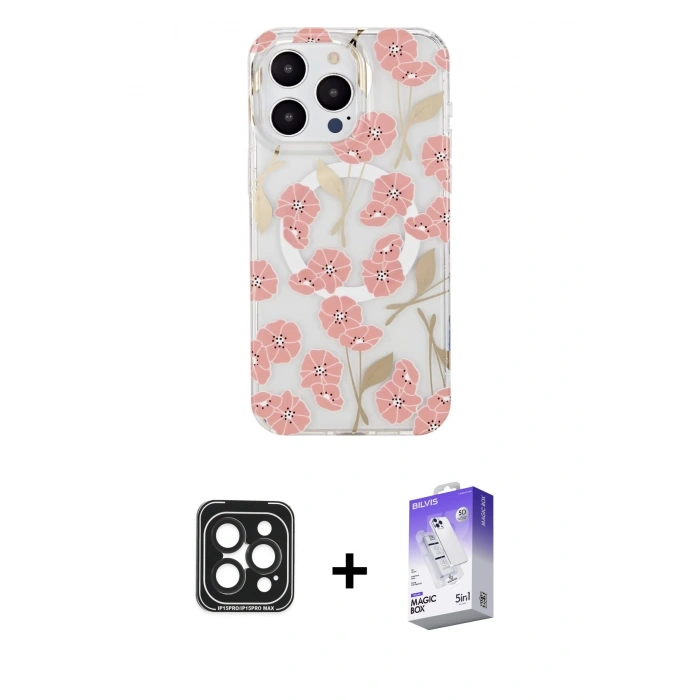 MARSİLYAN™- iPhone 15 Pro Max Kılıf Pusula Form - Siyah Bilvis 5in1 3D Magic Cam Ekran Koruyucu + PVD Metal Kamera Lens - SH