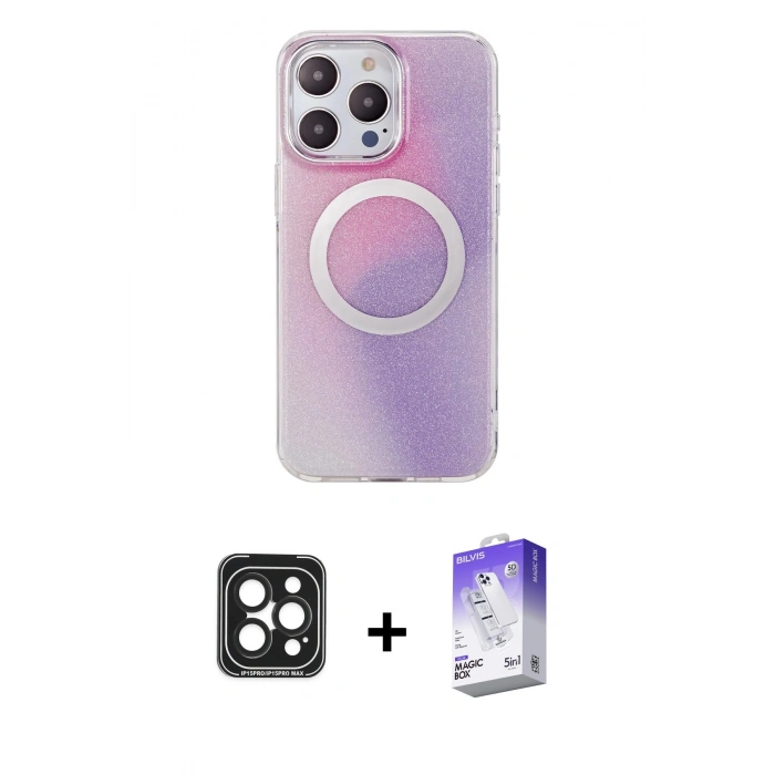 MARSİLYAN™- iPhone 15 Pro Max Kılıf Pusula Form - Siyah Bilvis 5in1 3D Magic Cam Ekran Koruyucu + PVD Metal Kamera Lens - SH