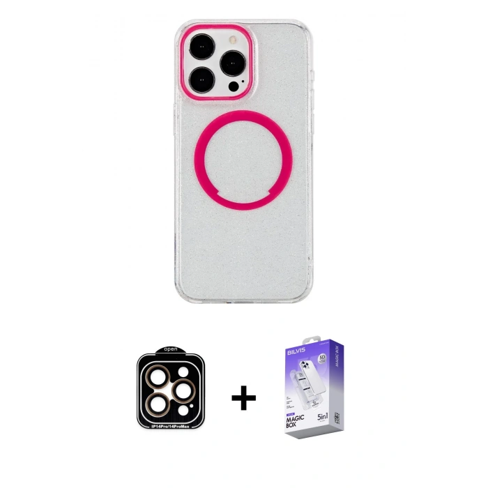 MARSİLYAN™- iPhone 15 Pro Max Kılıf Pusula Form - Siyah Bilvis 5in1 3D Magic Cam Ekran Koruyucu + PVD Metal Kamera Lens - TU