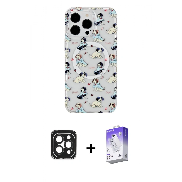 MARSİLYAN™- iPhone 15 Pro Max Kılıf Pusula Form - Siyah Bilvis 5in1 3D Magic Cam Ekran Koruyucu + PVD Metal Kamera Lens - SH
