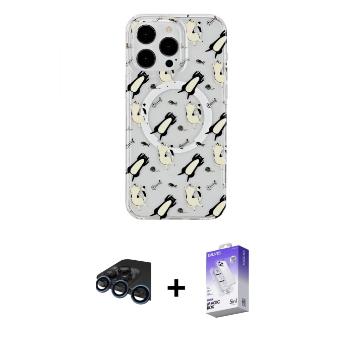 MARSİLYAN™- iPhone 15 Pro Max Kılıf Pusula Form - Siyah Bilvis 5in1 3D Magic Cam Ekran Koruyucu + Raze Metal Kamera Lens - LT