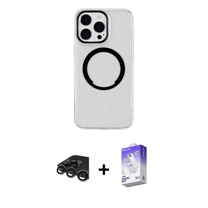MARSİLYAN™- iPhone 15 Pro Max Kılıf Pusula Form - Siyah Bilvis 5in1 3D Magic Cam Ekran Koruyucu + Raze Metal Kamera Lens - TMGI