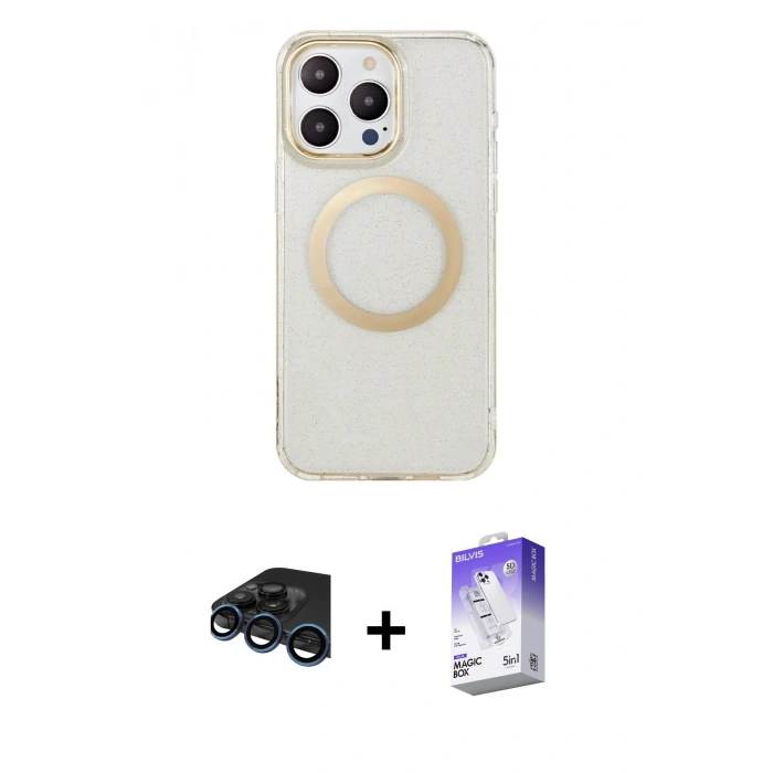 MARSİLYAN™- iPhone 15 Pro Max Kılıf Pusula Form - Siyah Bilvis 5in1 3D Magic Cam Ekran Koruyucu + Raze Metal Kamera Lens - LT