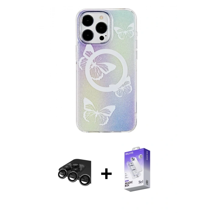 MARSİLYAN™- iPhone 15 Pro Max Kılıf Pusula Form - Siyah Bilvis 5in1 3D Magic Cam Ekran Koruyucu + Raze Metal Kamera Lens - TMGI