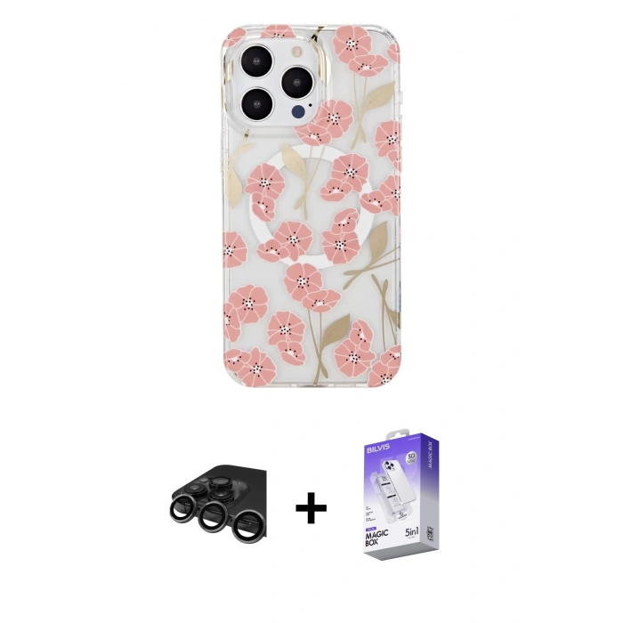 MARSİLYAN™- iPhone 15 Pro Max Kılıf Pusula Form - Siyah Bilvis 5in1 3D Magic Cam Ekran Koruyucu + Raze Metal Kamera Lens - TMGI