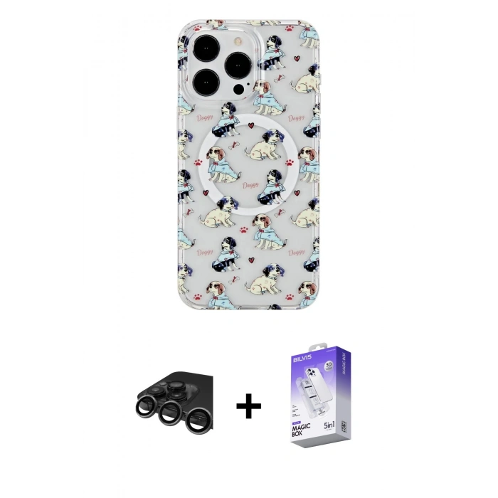 MARSİLYAN™- iPhone 15 Pro Max Kılıf Pusula Form - Siyah Bilvis 5in1 3D Magic Cam Ekran Koruyucu + Raze Metal Kamera Lens - TMGI