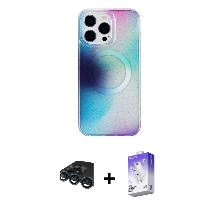 MARSİLYAN™- iPhone 15 Pro Max Kılıf Pusula Form - Siyah Bilvis 5in1 3D Magic Cam Ekran Koruyucu + Raze Metal Kamera Lens - LT