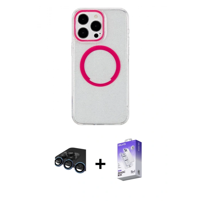 MARSİLYAN™- iPhone 15 Pro Max Kılıf Pusula Form - Siyah Bilvis 5in1 3D Magic Cam Ekran Koruyucu + Raze Metal Kamera Lens - LT