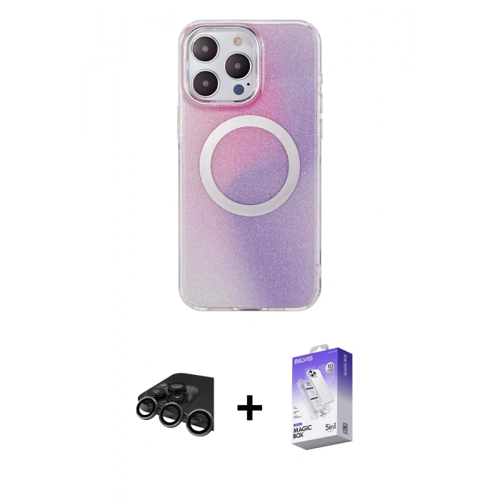 MARSİLYAN™- iPhone 15 Pro Max Kılıf Pusula Form - Siyah Bilvis 5in1 3D Magic Cam Ekran Koruyucu + Raze Metal Kamera Lens - TMGI