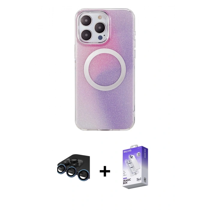 MARSİLYAN™- iPhone 15 Pro Max Kılıf Pusula Form - Siyah Bilvis 5in1 3D Magic Cam Ekran Koruyucu + Raze Metal Kamera Lens - LT