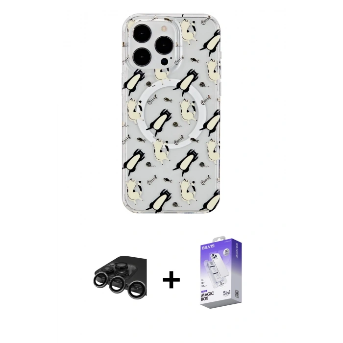 MARSİLYAN™- iPhone 15 Pro Max Kılıf Pusula Form - Siyah Bilvis 5in1 3D Magic Cam Ekran Koruyucu + Raze Metal Kamera Lens - TMGI