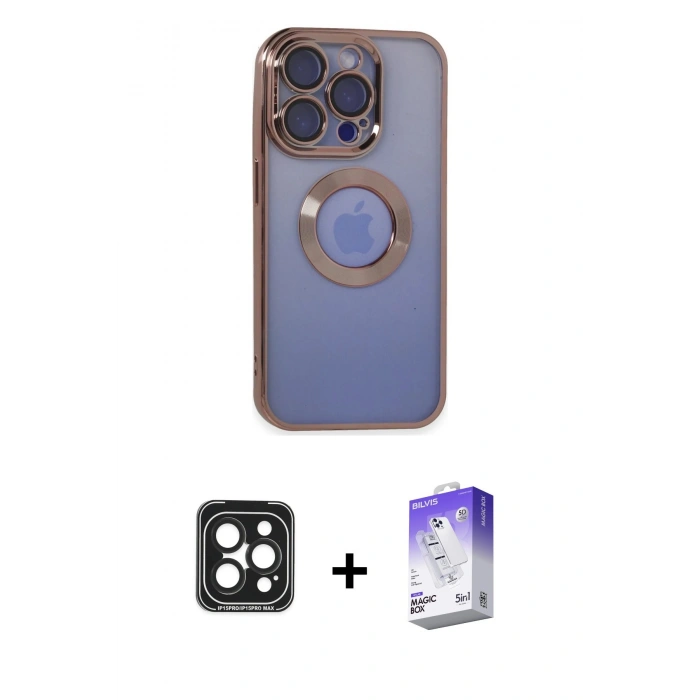 MARSİLYAN™- iPhone 15 Pro Max Kılıf Pusula Form - Siyah Bilvis 5in1 3D Magic Cam Ekran Koruyucu + PVD Metal Kamera Lens - SH