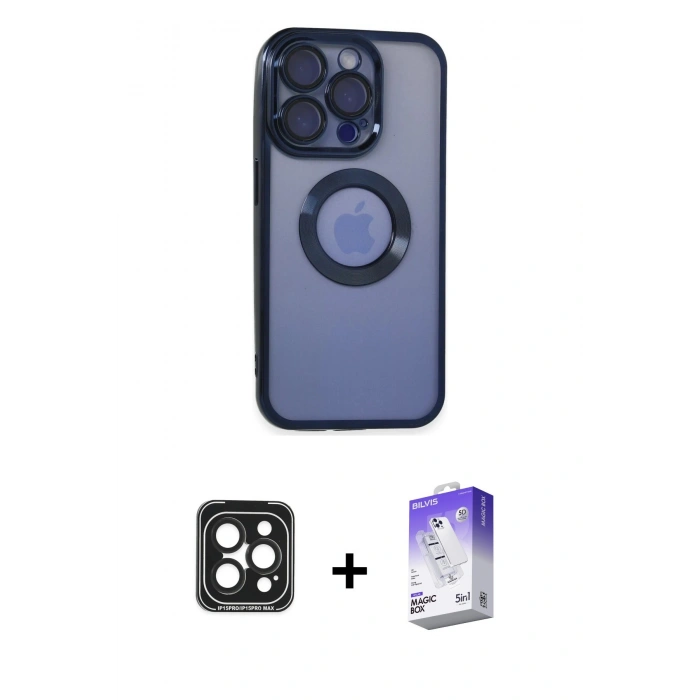 MARSİLYAN™- iPhone 15 Pro Max Kılıf Pusula Form - Siyah Bilvis 5in1 3D Magic Cam Ekran Koruyucu + PVD Metal Kamera Lens - SH