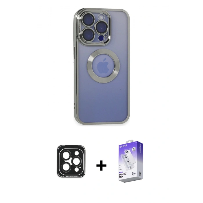 MARSİLYAN™- iPhone 15 Pro Max Kılıf Pusula Form - Siyah Bilvis 5in1 3D Magic Cam Ekran Koruyucu + PVD Metal Kamera Lens - SH