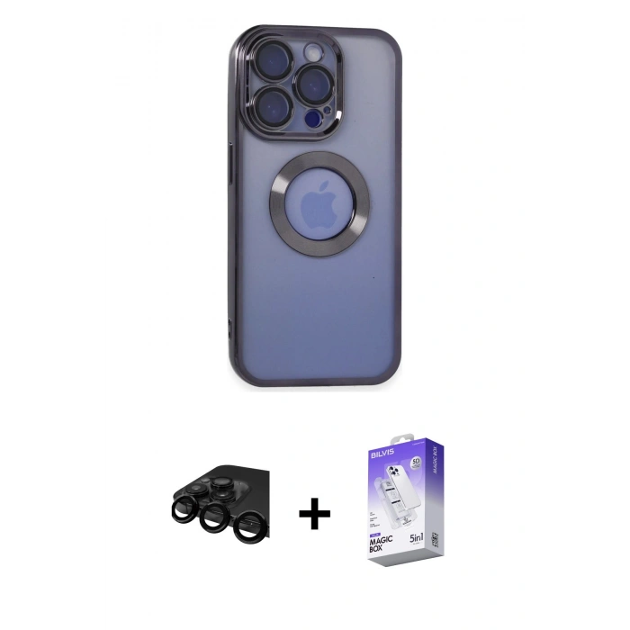 MARSİLYAN™- iPhone 15 Pro Max Kılıf Pusula Form - Siyah Bilvis 5in1 3D Magic Cam Ekran Koruyucu + Raze Metal Kamera Lens - SH