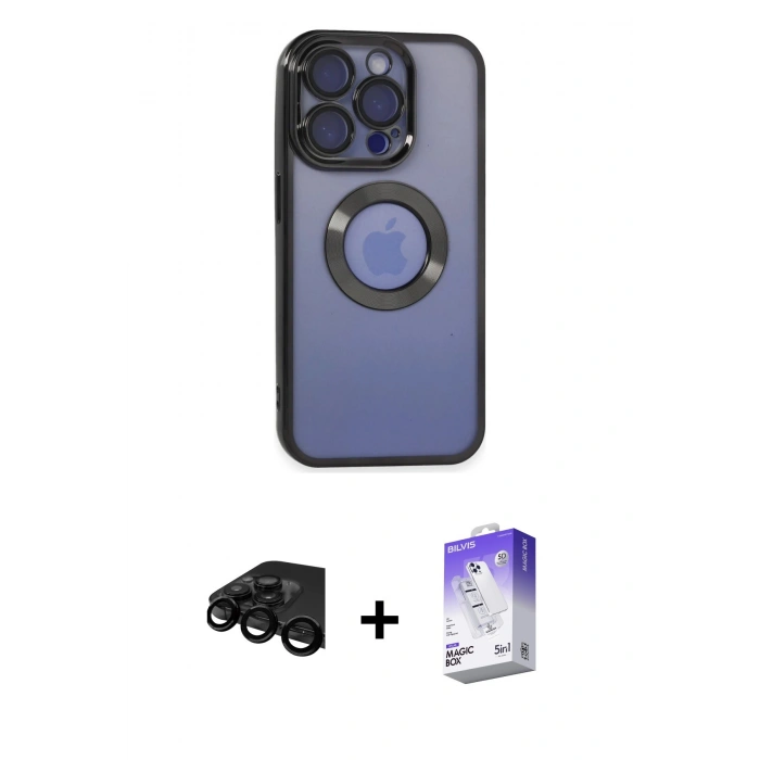 MARSİLYAN™- iPhone 15 Pro Max Kılıf Pusula Form - Siyah Bilvis 5in1 3D Magic Cam Ekran Koruyucu + Raze Metal Kamera Lens - SH