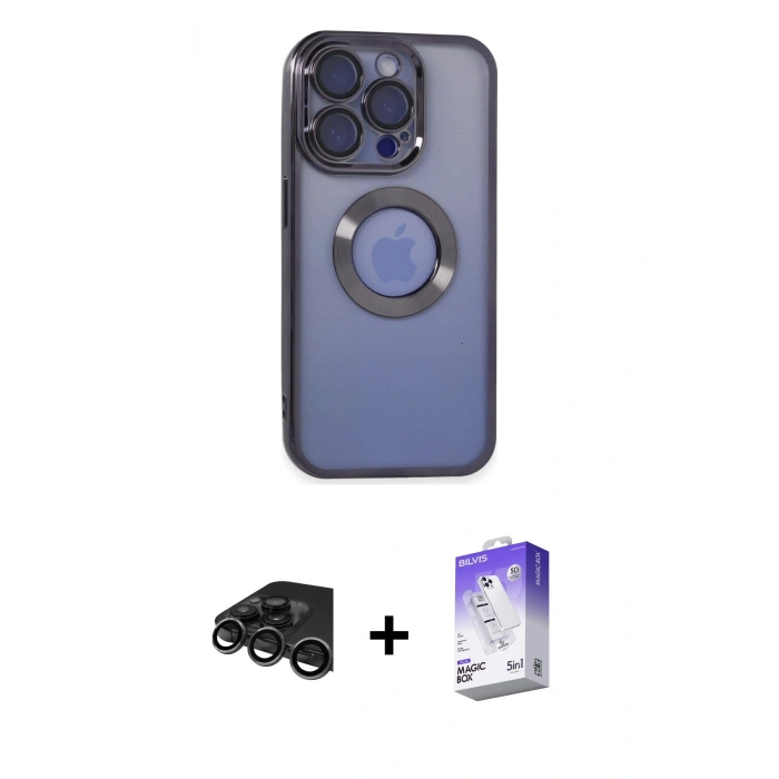 MARSİLYAN™- iPhone 15 Pro Max Kılıf Pusula Form - Siyah Bilvis 5in1 3D Magic Cam Ekran Koruyucu + Raze Metal Kamera Lens - TMGI