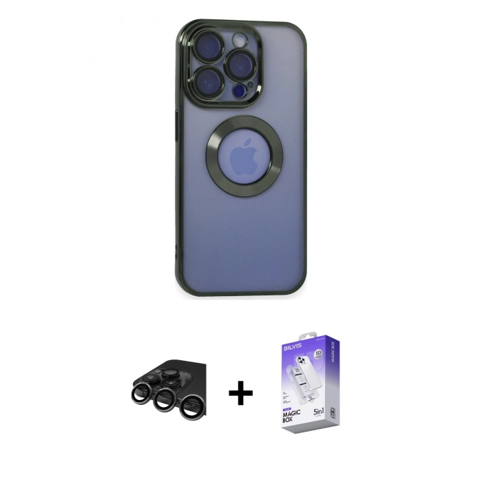 MARSİLYAN™- iPhone 15 Pro Max Kılıf Pusula Form - Siyah Bilvis 5in1 3D Magic Cam Ekran Koruyucu + Raze Metal Kamera Lens - TMGI