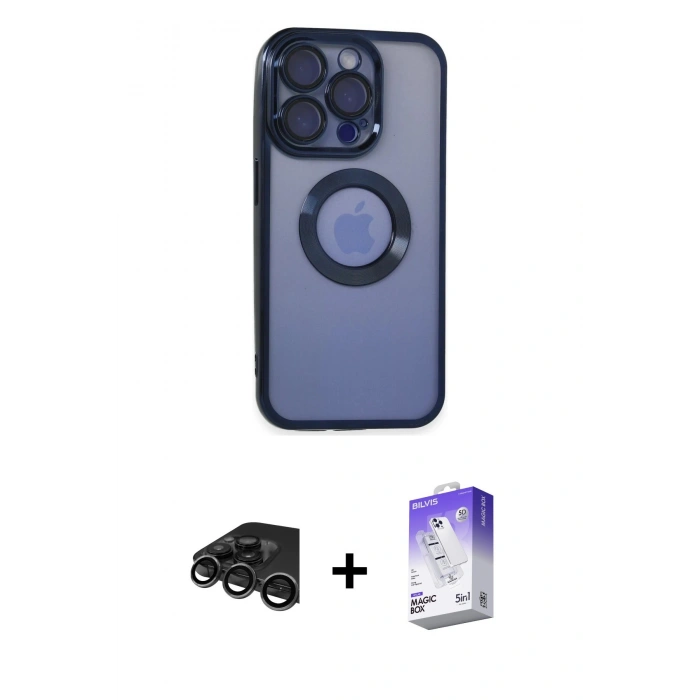 MARSİLYAN™- iPhone 15 Pro Max Kılıf Pusula Form - Siyah Bilvis 5in1 3D Magic Cam Ekran Koruyucu + Raze Metal Kamera Lens - TMGI
